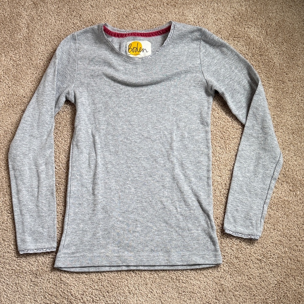 Boden Lightweight Long Sleeve Heathered Grey Pointelle Shirt.  Size 11–12Y